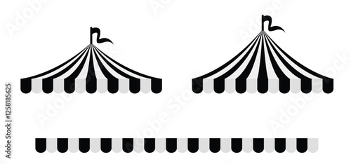 Black circus tent with flags. Awning, canopy and flag sign. Carnival tent. Striped canopy shop. Outdoor sunshade. Attraction with fun show, artists, tame animals performing in a circus theater.  