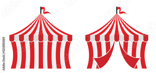 Red circus tent with flags. Awning, canopy and flag sign. Carnival tent. Striped canopy shop. Outdoor sunshade. Attraction with fun show, artists, tame animals performing in a circus theater.  