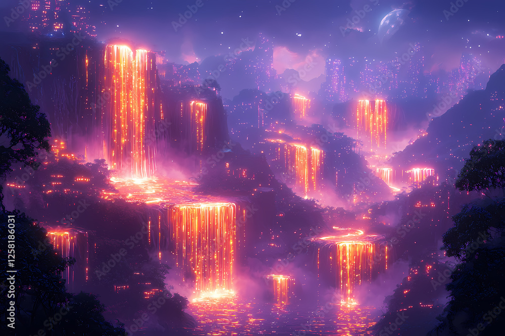 Fototapeta premium Description: A surreal landscape with glowing neon valleys and golden waterfalls cascading down mountains.