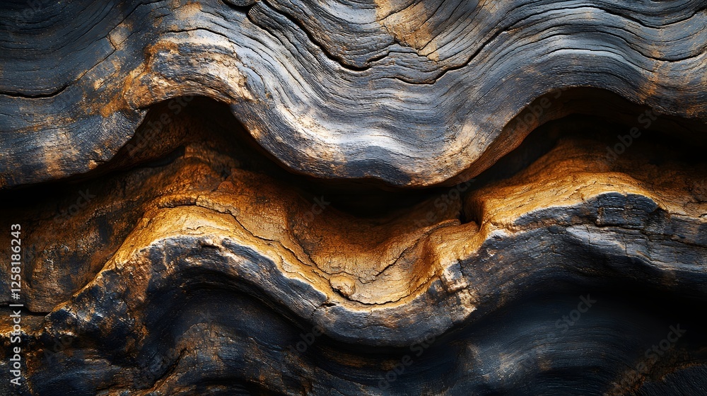 Obraz premium Close-up shot of wood texture, showing dark and golden tones. Abstract, natural patterns are visible. Macro Texture Backgrounds. Abstract Wood Texture: Dark and Golden Hues