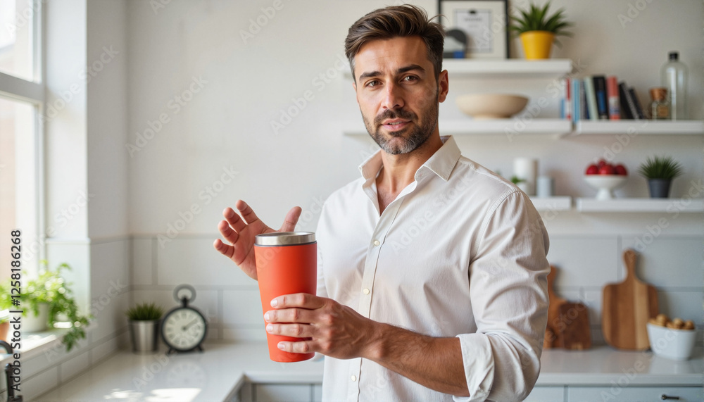 Smiling man holding a reusable coffee cup in a modern kitchen for blogs, websites, eco-friendly presentations, social media, and lifestyle content creation. Smiling man holding a reusable coffee cup in a modern kitchen for blogs, websites, eco-friendly presentations, social media, and lifestyle content creation.
