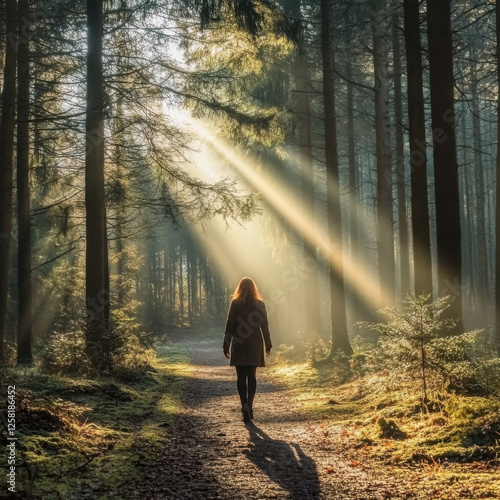 Sunlight filters through trees as a person walks along a forest path on a serene morning