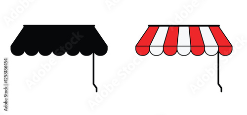 Awning, canopy sign. market shop, summer tools. Striped canopy shop. Shop, home or cafe sun protection. Red and white stripes. Outdoor sunshades. Store sunshade, storefront. 