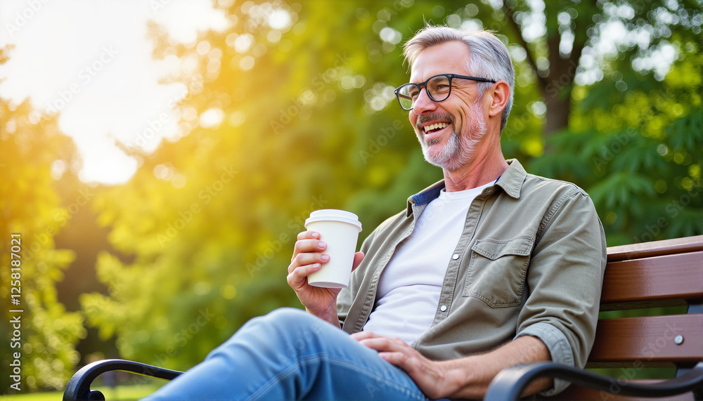 Smiling senior man enjoying coffee on a park bench for lifestyle blogs, health and wellness websites, retirement content, digital art, and social media posts Smiling senior man enjoying coffee on a park bench for lifestyle blogs, health and wellness websites, retirement content, digital art, and social media posts