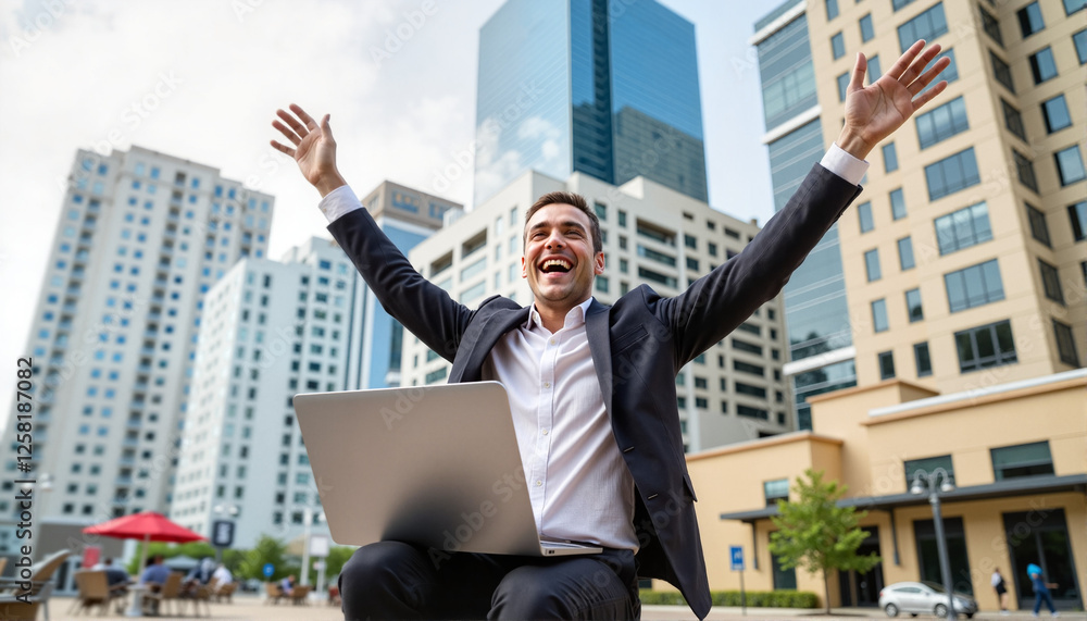 Joyful man exulting with laptop in urban setting for blogs, websites, career success themes, motivational content, digital marketing, and personal achievement publications Joyful man exulting with laptop in urban setting for blogs, websites, career success themes, motivational content, digital marketing, and personal achievement publications