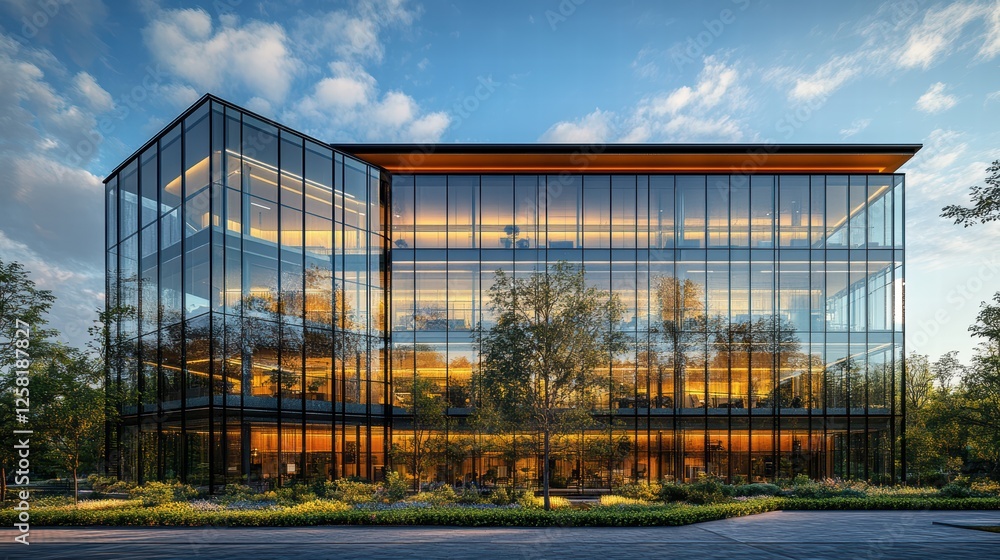Obraz premium A modern office building with glass windows and trees outside, illuminated by sunlight against.