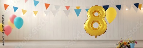 Eighth Birthday Party Decorations - Gold number eight balloon with colorful balloons and bunting. Perfect for an eighth birthday party invitation or celebration photo