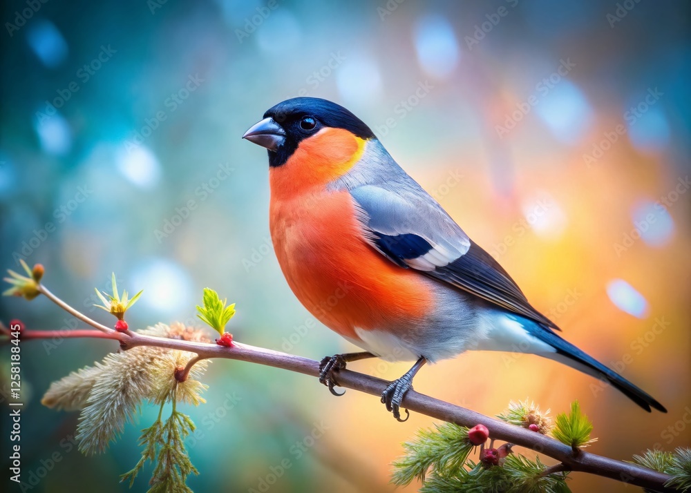 Fototapeta premium Long Exposure Photo of a Sitting Bullfinch, Blurred Background, Nature Photography