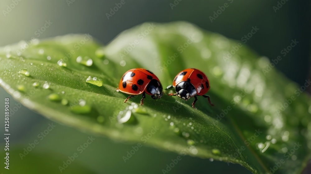 Two Ladybugs on Leaf with Water Droplets in Soft Lighting Two Ladybugs on Leaf with Water Droplets in Soft Lighting