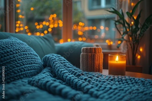 Cozy autumn evening, home interior, candlelight, window view, relaxation