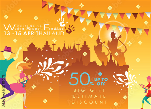 Songkran sale promotion banner for Songkran Festival Abstract background. Thai New Year Holiday. The Water Splash Festival. Vector and Illustration, EPS 10.