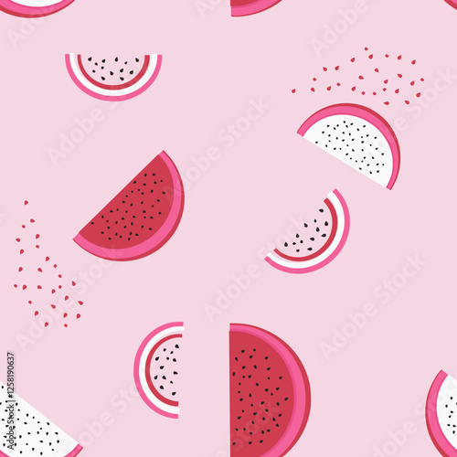 Seamless pattern with dragon fruit and seed on pink background vector. Cute fruit print.