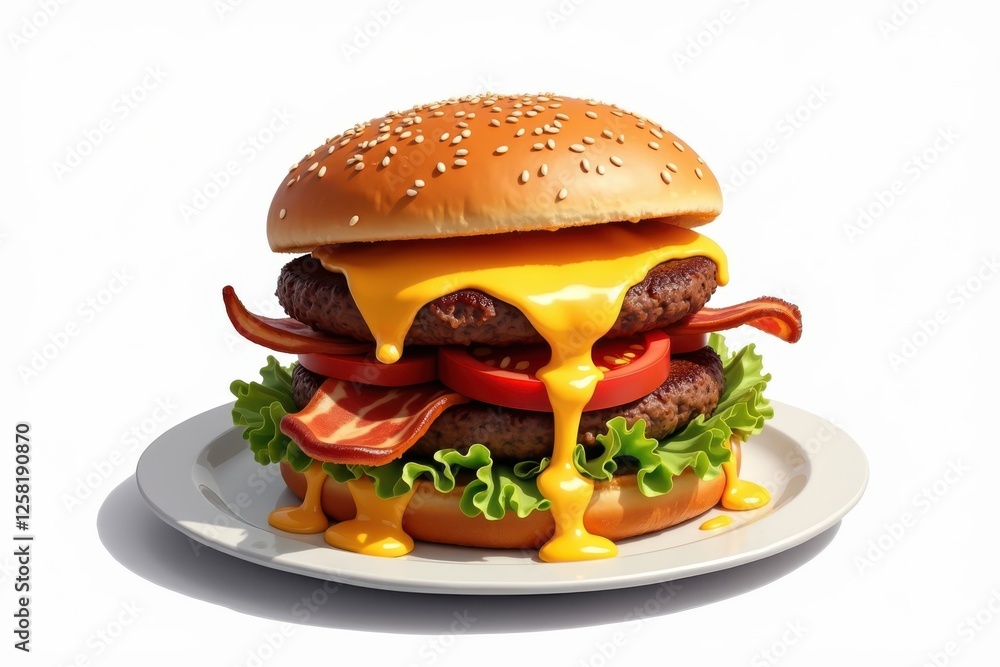 Gourmet cheeseburger with bacon, fresh tomatoes, and lettuce served on a plate Gourmet cheeseburger with bacon, fresh tomatoes, and lettuce served on a plate