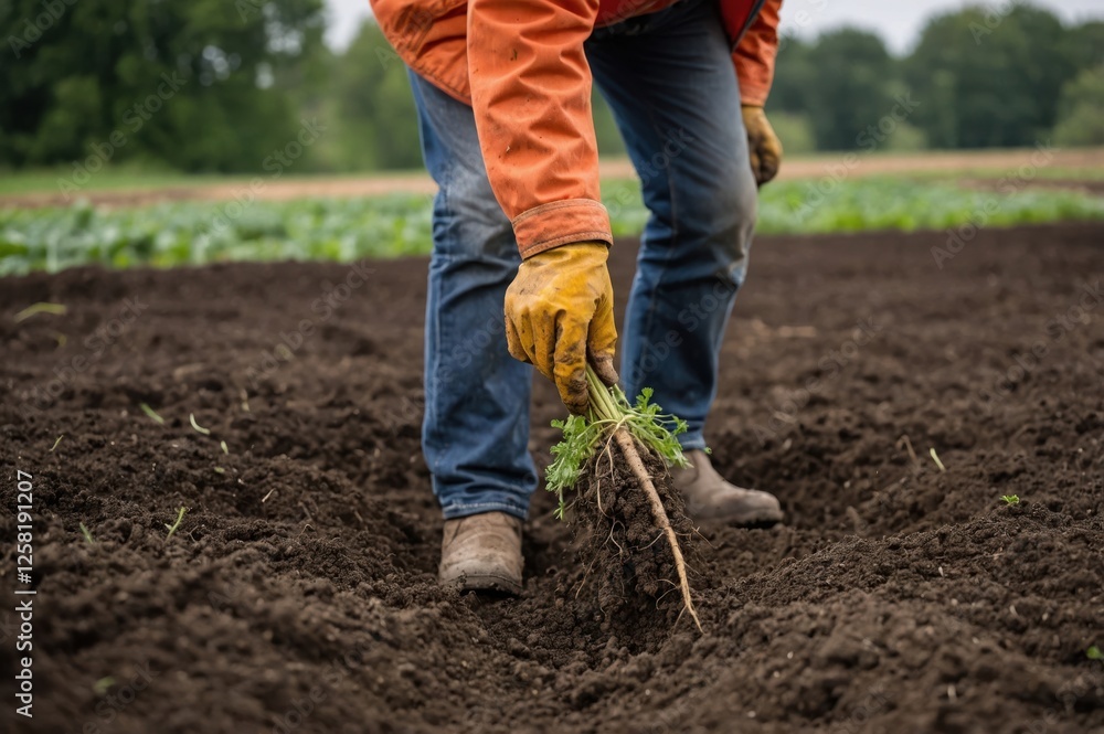 Person harvesting crops in a field during a cloudy day, demonstrating sustainable farming practices and dedicated labor Person harvesting crops in a field during a cloudy day, demonstrating sustainable farming practices and dedicated labor