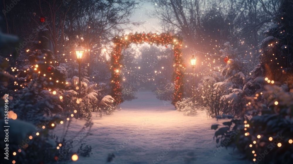 Naklejka premium Snowy pathway arch lights winter wonderland Christmas