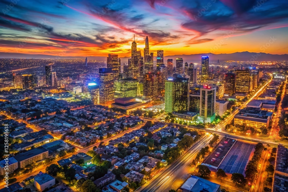 Fototapeta premium Los Angeles Night Skyline Drone View - Dramatic Cityscape