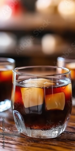 Glass of Japanese Kohi Jelly. Brewed coffee jelly and smooth, chilled coffee. Background of traditional Japanese cafe photo