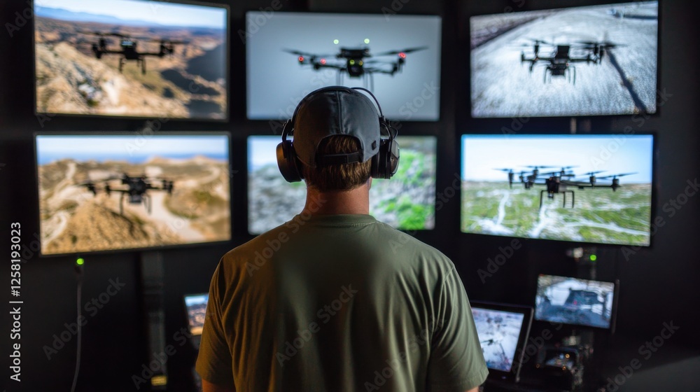 A drone operator controlling a fleet of autonomous UAVs, real-time surveillance footage displayed on multiple monitors A drone operator controlling a fleet of autonomous UAVs, real-time surveillance footage displayed on multiple monitors