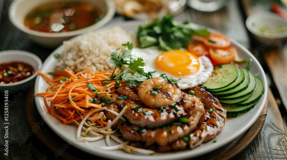 Cơm tấm: grilled pork, egg, shrimp, and herbs with nước mắm, served in a warm traditional Vietnamese restaurant Cơm tấm: grilled pork, egg, shrimp, and herbs with nước mắm, served in a warm traditional Vietnamese restaurant