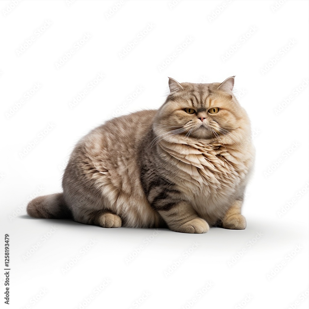 Fototapeta premium Soft furred british longhair cat resting peacefully against pristine white background, highlighting breed's majestic appearance and plush coat texture
