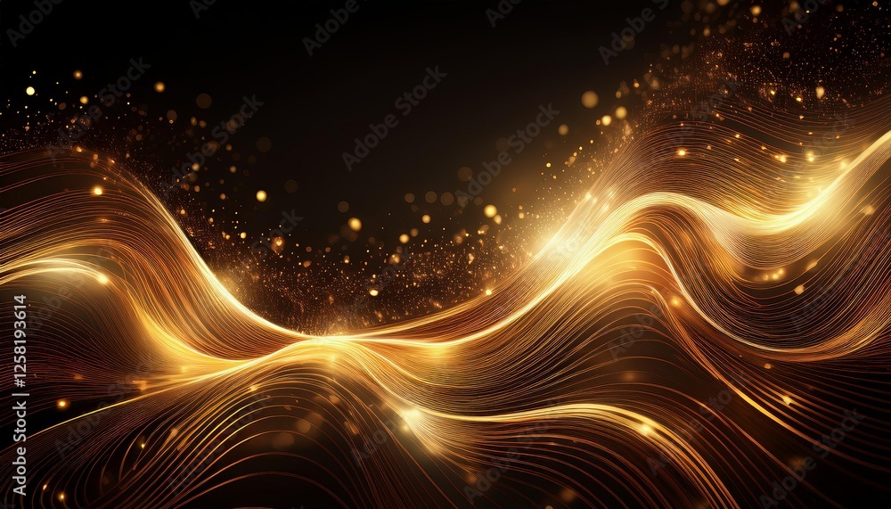 Obraz premium dynamic gold light streaks forming a wave pattern against a dark background, sparkling particles resembling stars