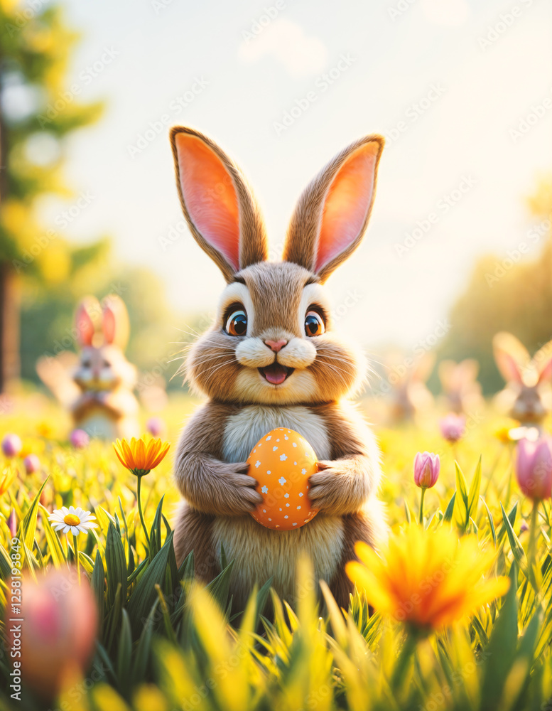 Fototapeta premium A brown rabbit holding a decorated Easter egg.