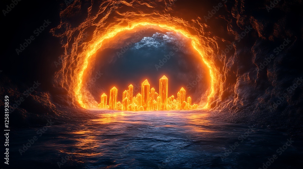 Naklejka premium Glowing Crystal City Within a Fiery Cave Entrance