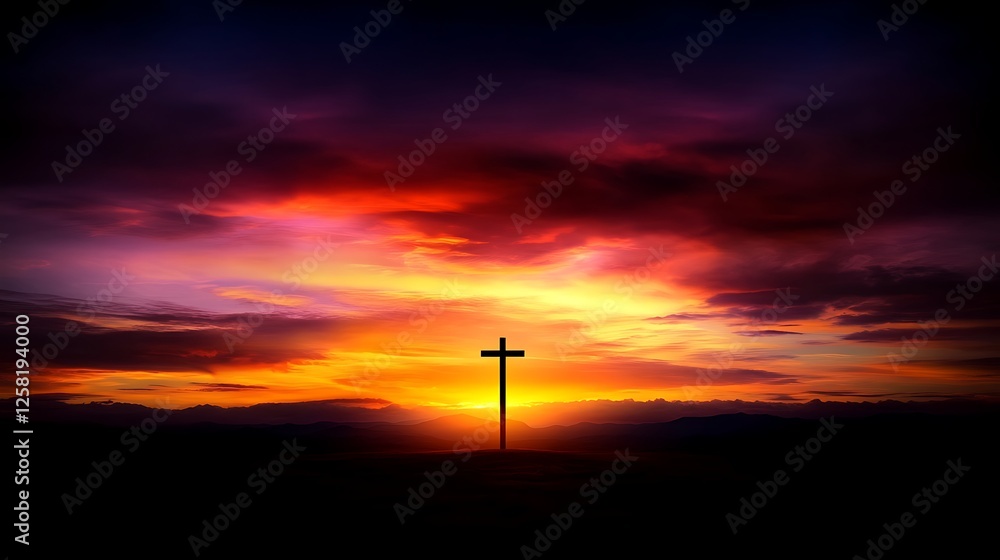 Obraz premium Radiant Sunset Silhouette of Christian Cross Symbolizing Faith Hope Redemption and Spirituality