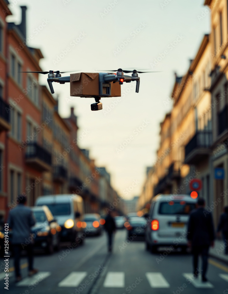 A drone delivers a parcel in the city by flying through the street. A drone delivers a parcel in the city by flying through the street.