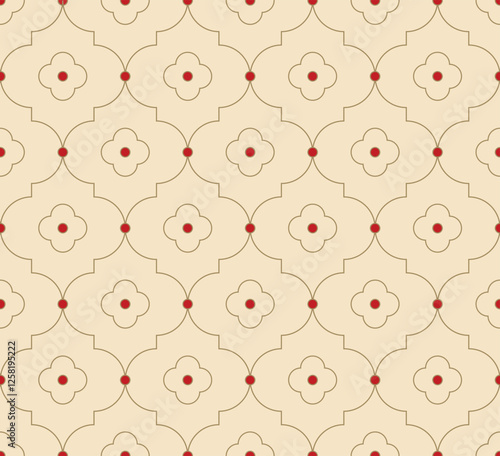 Vintage Art Deco Seamless Pattern. Geometric decorative with abstract elements. Retro background. Beige background with red elements. Wallpaper. Beige.