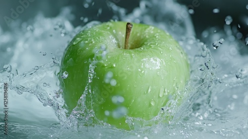 A fresh green apple plunging into water, causing a high-speed splash and droplets frozen in motion.