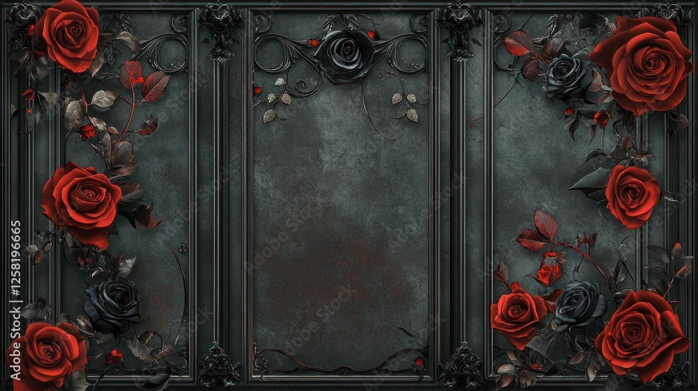 A beautifully designed dark background adorned with red roses and intricate foliage, perfect for graphic design, invitations, or floral arrangements. A beautifully designed dark background adorned with red roses and intricate foliage, perfect for graphic design, invitations, or floral arrangements.
