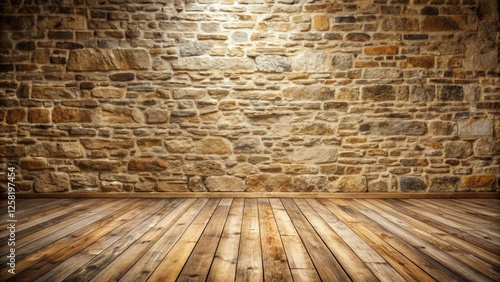 A rustic and natural interior design background featuring a weathered stone wall and wooden floorboards.