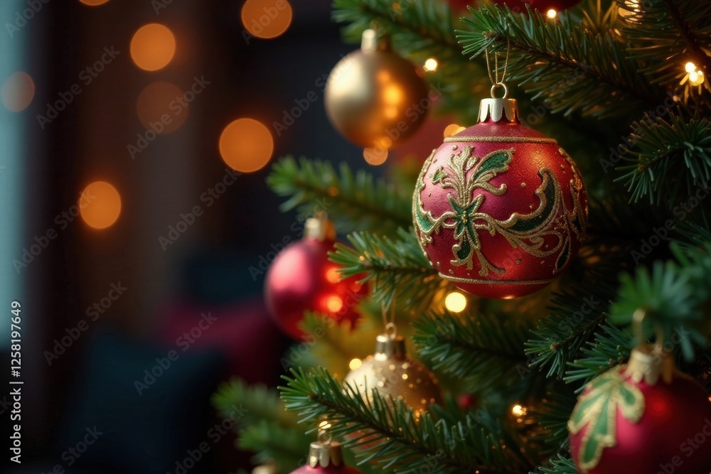 Close-up of a beautifully decorated Christmas tree with shiny lights and colorful baubles, sparkling ornament, holiday decor, shiny lights Close-up of a beautifully decorated Christmas tree with shiny lights and colorful baubles, sparkling ornament, holiday decor, shiny lights