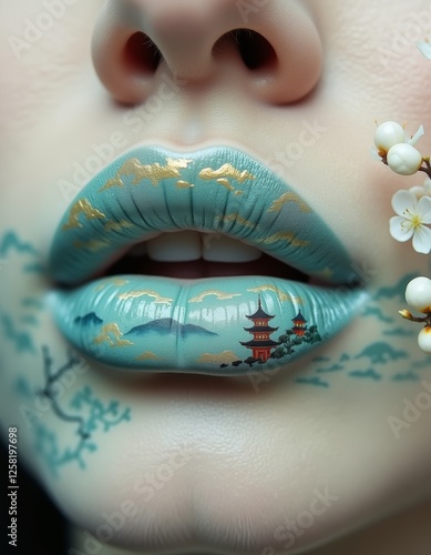 Japanese landscape lip art. Creative makeup, beauty concept.