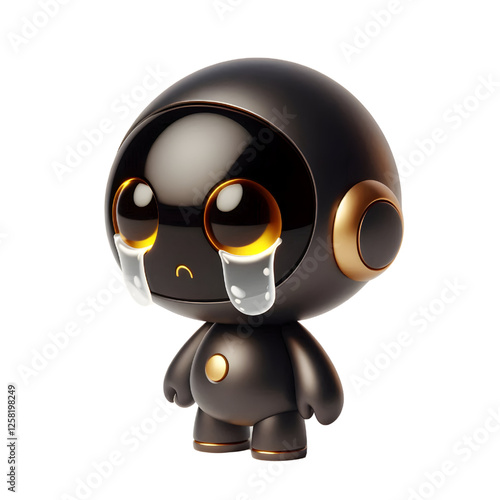 Cute 3D black robot with golden eyes crying in side view isolated on white background