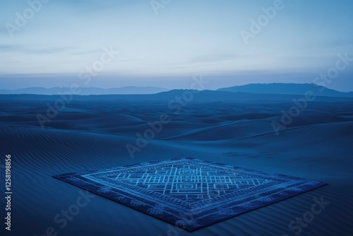 A patterned rug rests on a serene, blue-hued desert landscape under a twilight sky. photo