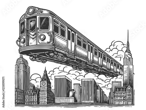 Flying Train in the Sky engraving vector