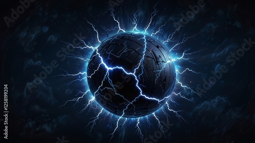Spectacular thunder and lightning surround blue electric ball. Power energy sphere surrounded electrical lightnings vector background 