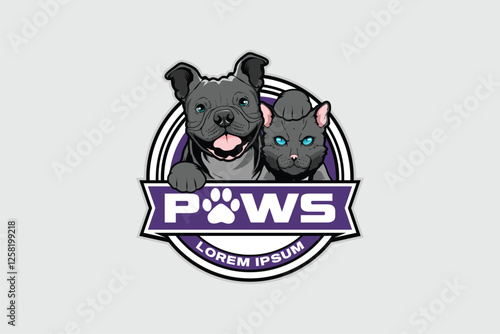 Friendly pitbull dog with cat cartoon character vector badge logo template