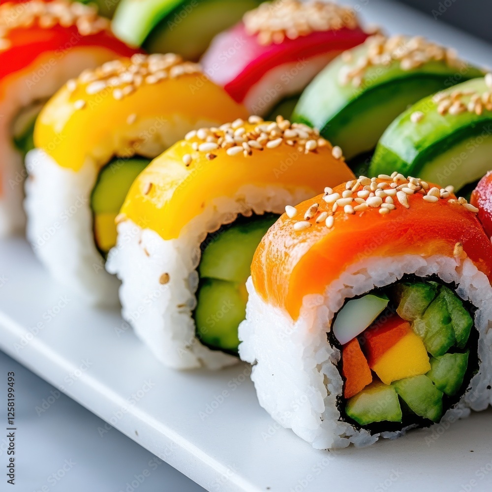 Colorful kids sushi with fresh vegetables and sesame seeds on a white plate. Colorful kids sushi with fresh vegetables and sesame seeds on a white plate.