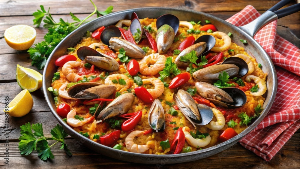 Aromatic Seafood Paella with Mussels, Shrimps, and Red Peppers Served in a Pan on a Wooden Table Aromatic Seafood Paella with Mussels, Shrimps, and Red Peppers Served in a Pan on a Wooden Table