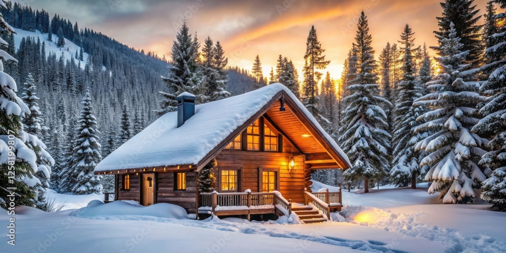 Naklejka premium A Cozy Cabin Nestled Amidst Snow-Covered Evergreens Basking in the Golden Glow of a Winter Sunset