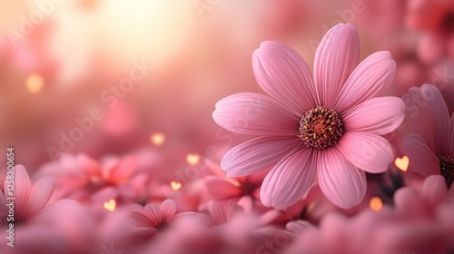 A vibrant close-up of a pink flower surrounded by a sea of blossoms, with soft bokeh in the background