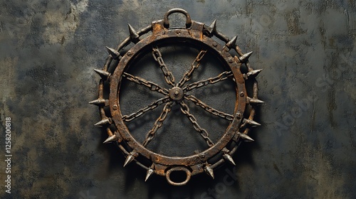 Rustic iron spiked wheel chained dramatically against dark textured background. AI Generated