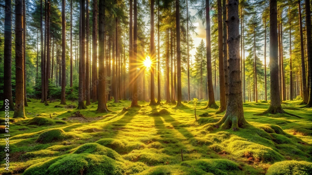 Fototapeta premium Sunlight streams through the dense canopy of a verdant forest, illuminating the mossy forest floor