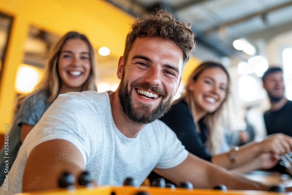 Fototapeta premium A smiling group plays foosball in a brightly lit office, capturing energy and happiness that arises from fun interactions and teamwork among young professionals in a relaxed setting.