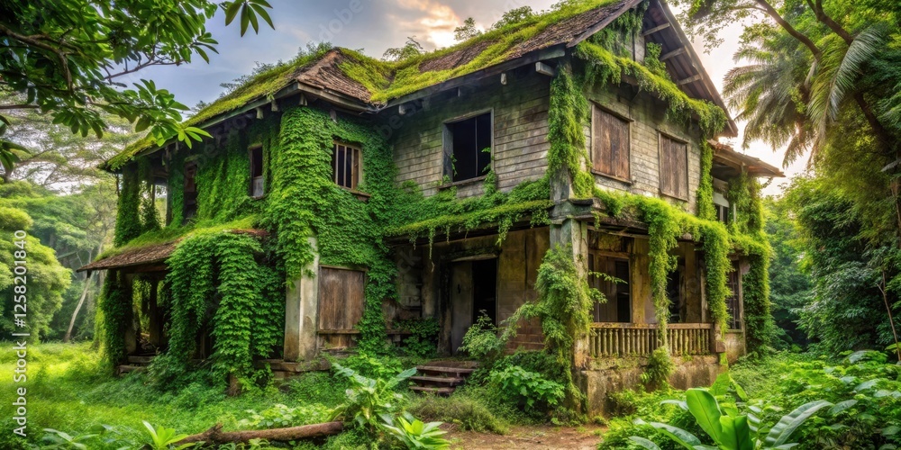 A Forgotten House Reclaimed by Nature, Its Walls and Roof Covered in Lush Green Vines, Windows Gazing Out at a World It No Longer Inhabits A Forgotten House Reclaimed by Nature, Its Walls and Roof Covered in Lush Green Vines, Windows Gazing Out at a World It No Longer Inhabits