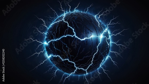Spectacular thunder and lightning surround blue electric ball. Power energy sphere surrounded electrical lightnings vector background 