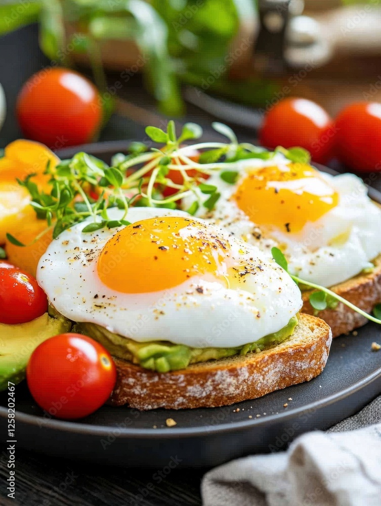 Delicious breakfast with avocado toast and sunny side up eggs. Delicious breakfast with avocado toast and sunny side up eggs.